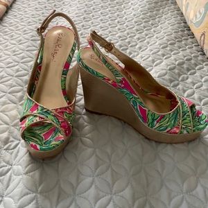 Lilly Pulitzer wedges. Gold, pink, green, and blue